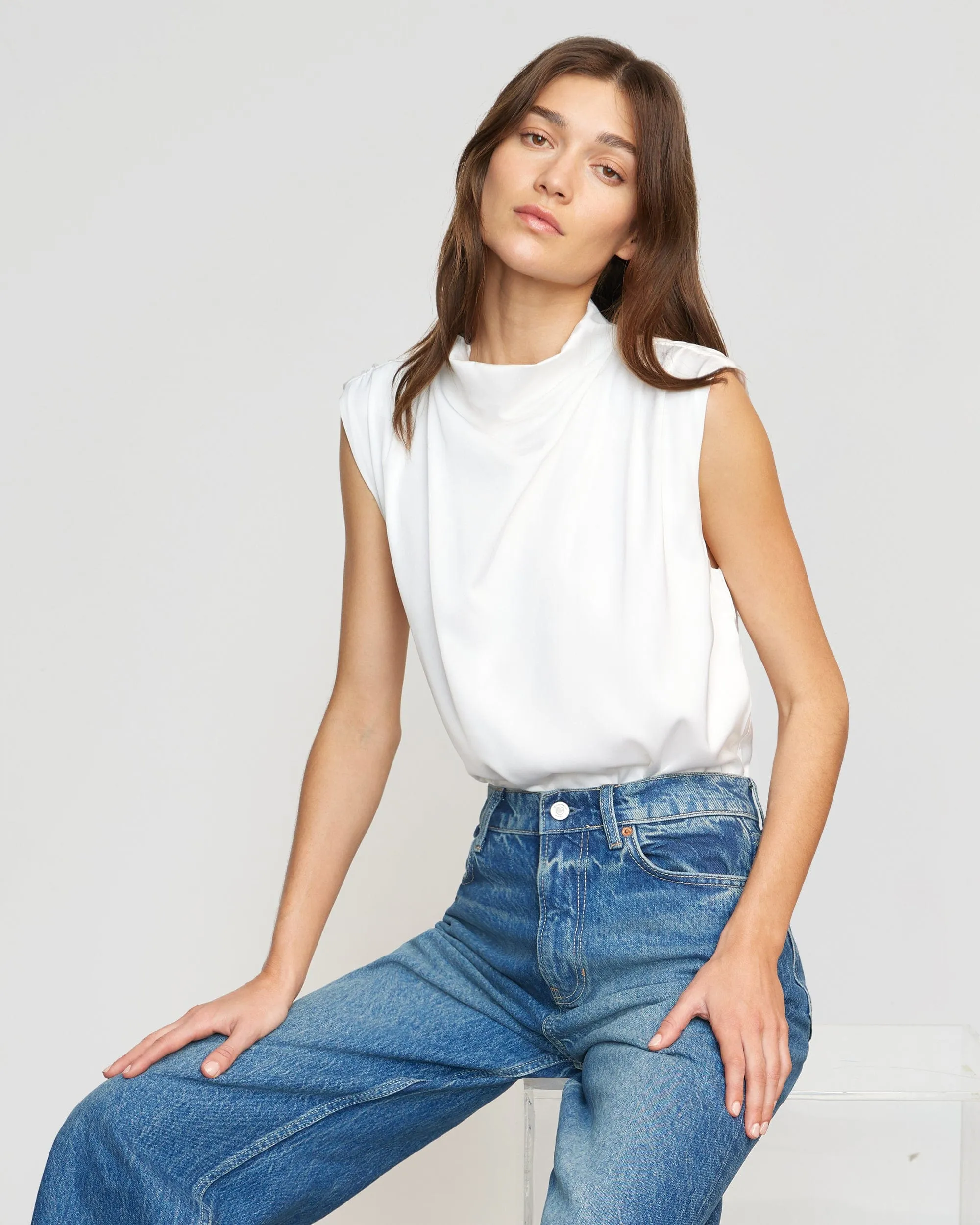 Allegra Gathered-Neck Sleeveless Blouse