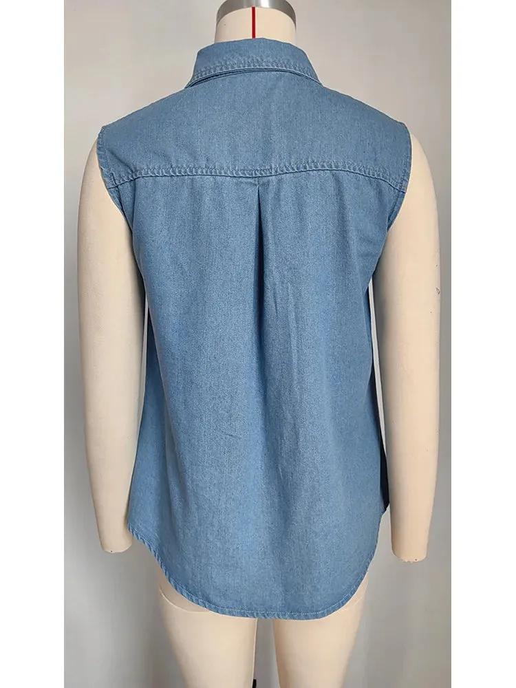 Benuynffy Summer New Fashion Washed Casual Sleeveless Denim Button Up Shirts Female Blouse