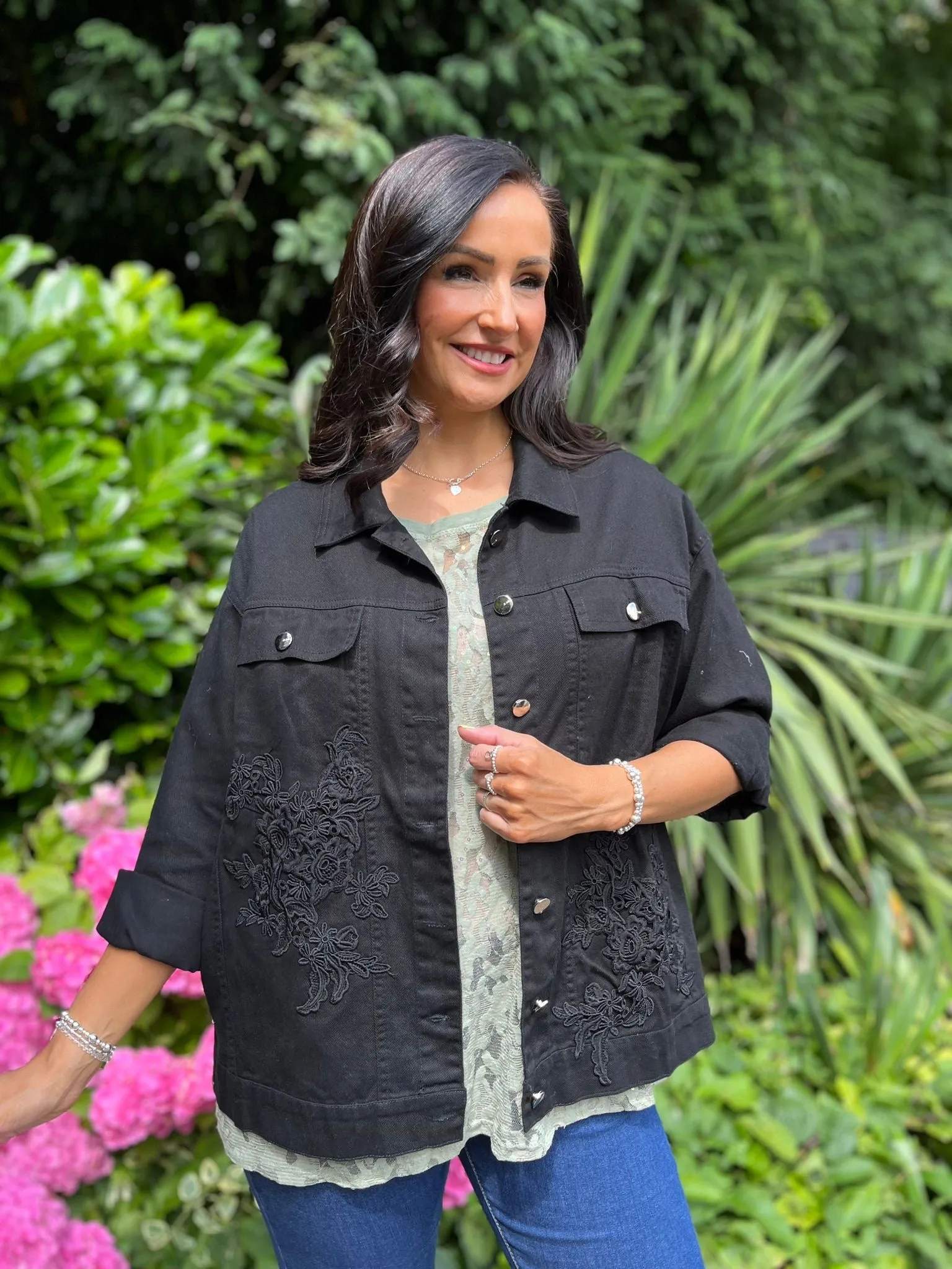 Black Floral Embroidered Denim Jacket Harriet