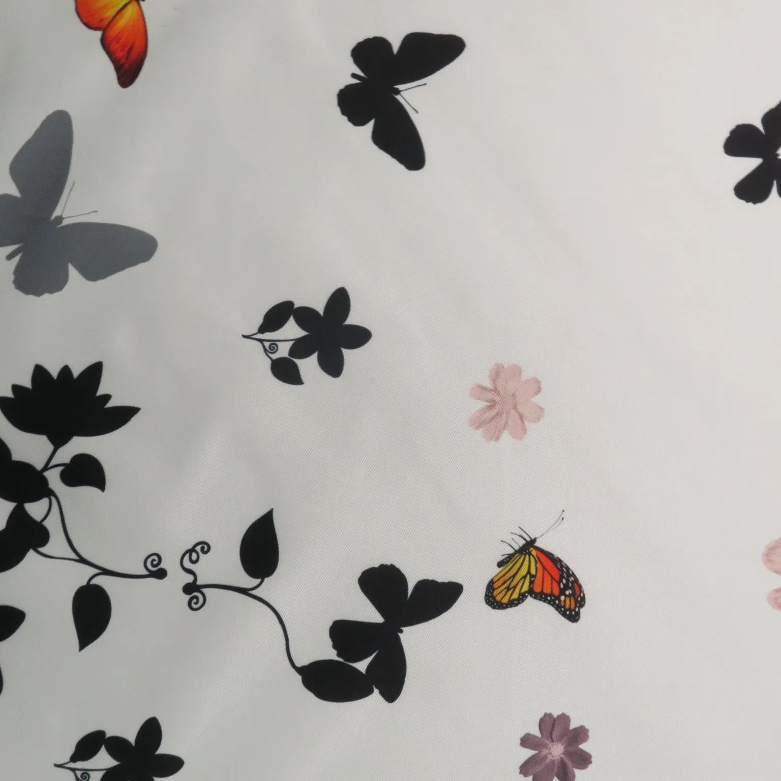 Black Floral on White Printed Polyester Mikado Fabric