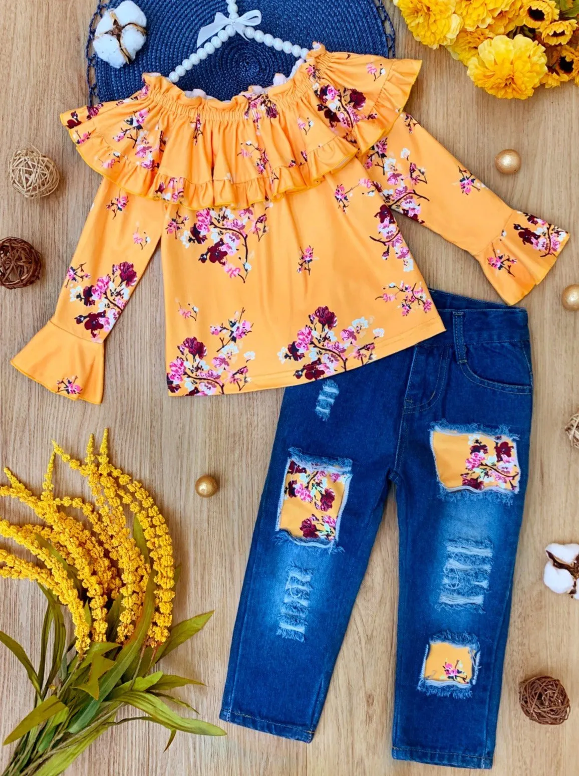 Bloom Girl Patched Jeans Set