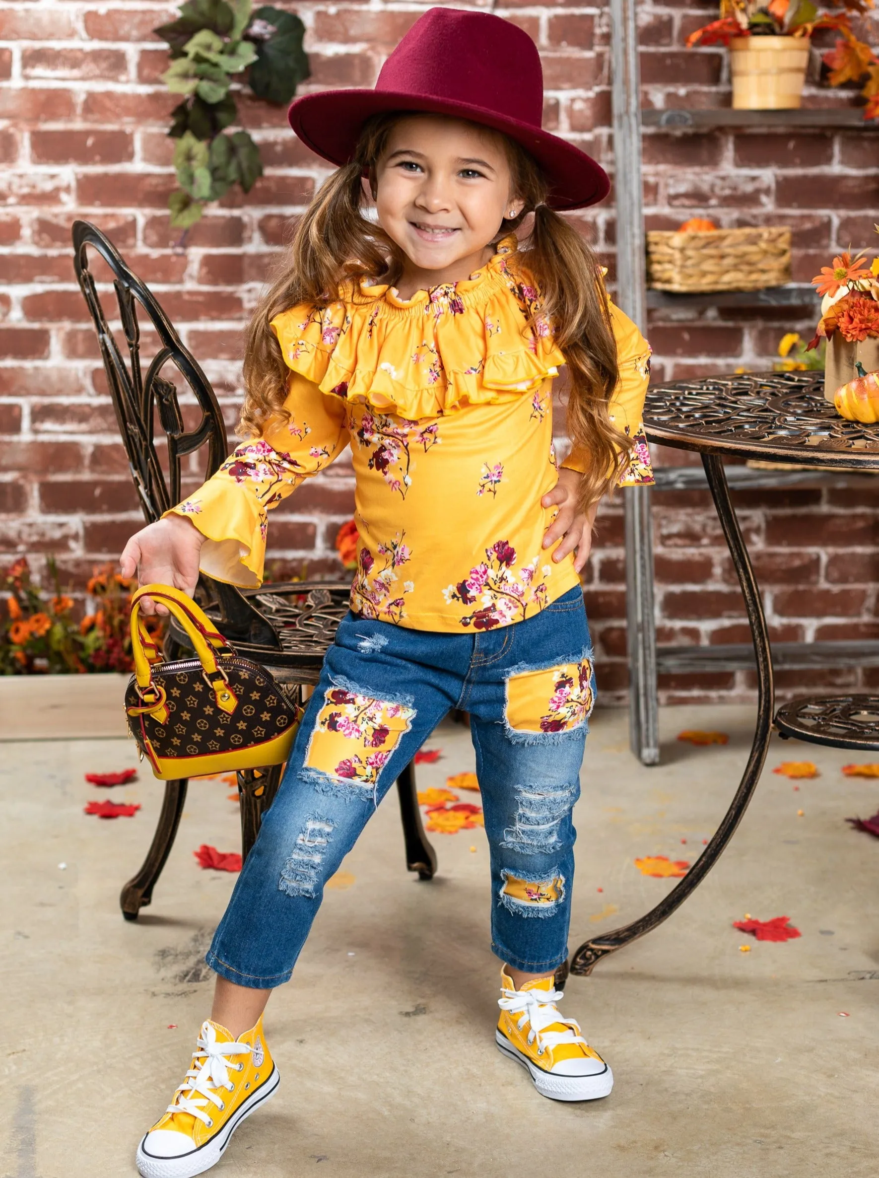 Bloom Girl Patched Jeans Set