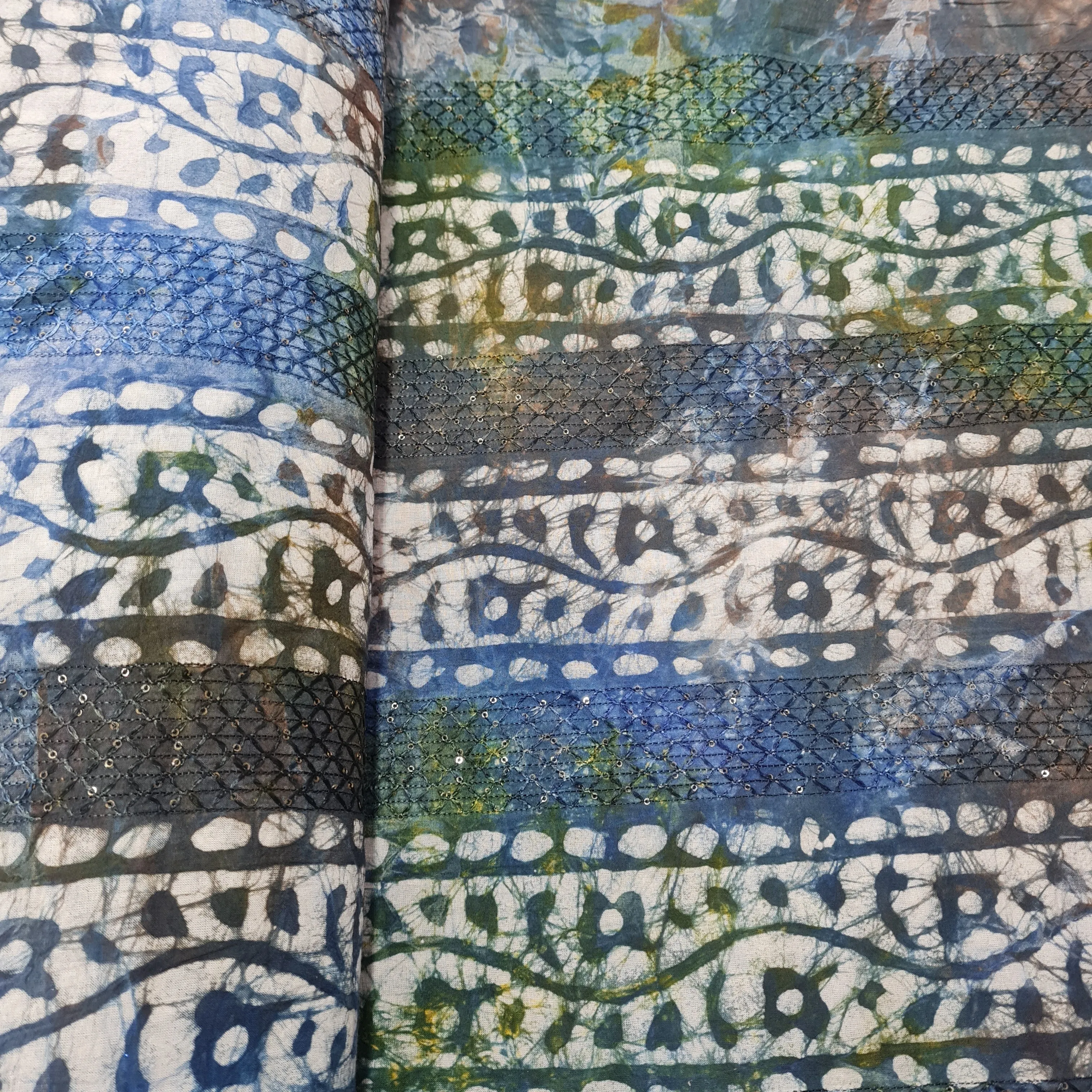 Blue Batik Print Sequins Embroidery Cotton Fabric