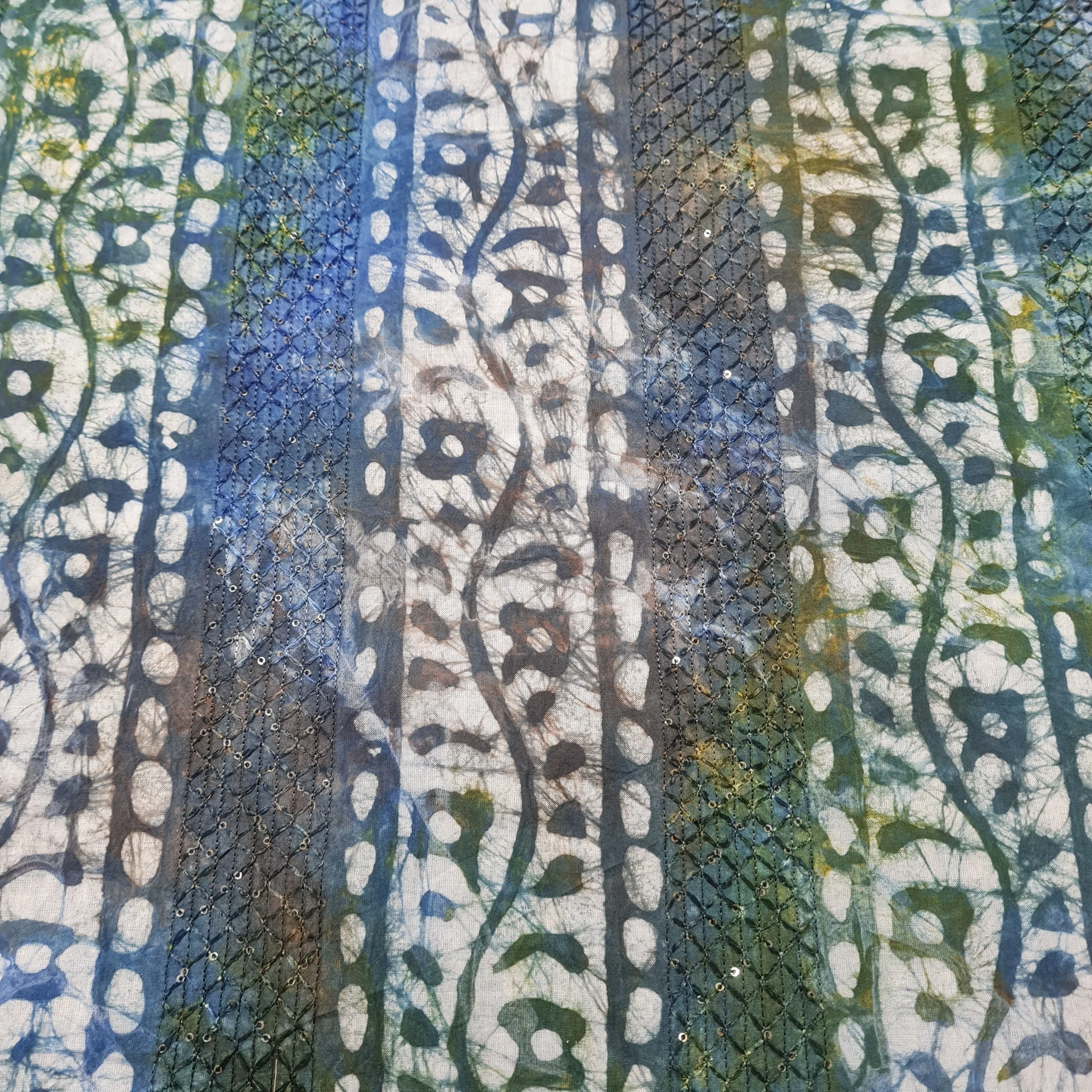 Blue Batik Print Sequins Embroidery Cotton Fabric