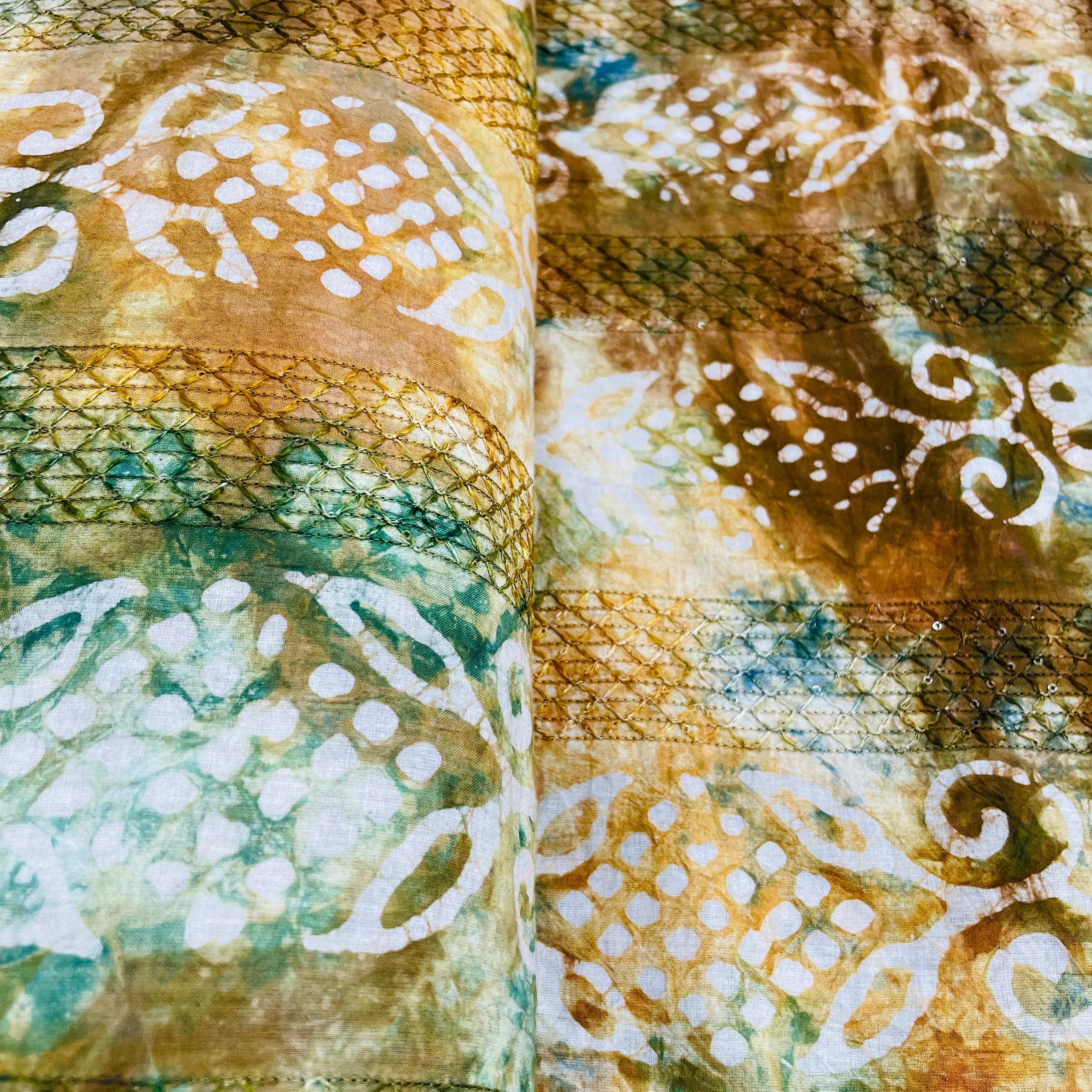 Brown Batik Print Sequins Embroidery Cotton Fabric