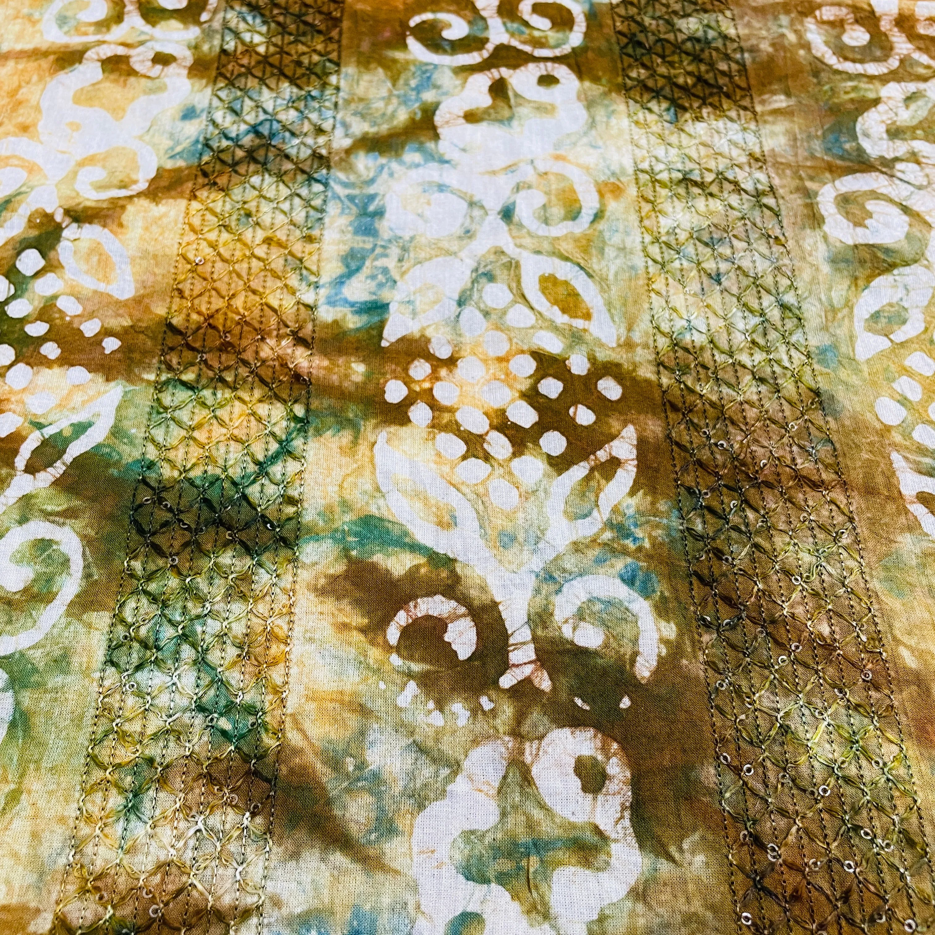 Brown Batik Print Sequins Embroidery Cotton Fabric