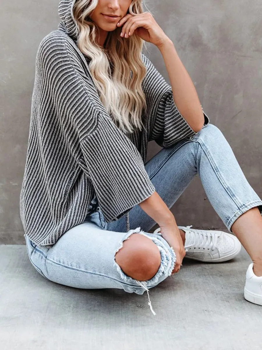 Casual Lace Up Hooded Striped Loose Top