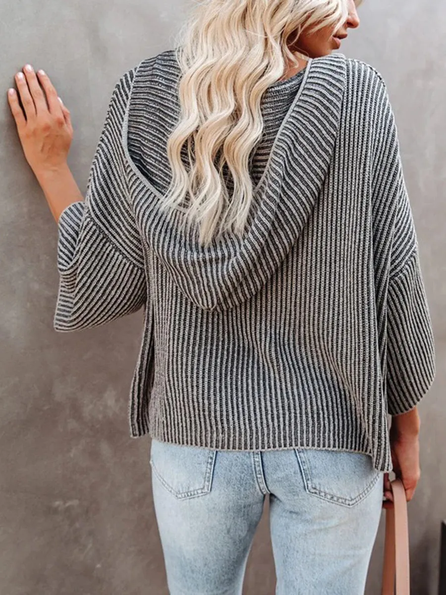 Casual Lace Up Hooded Striped Loose Top