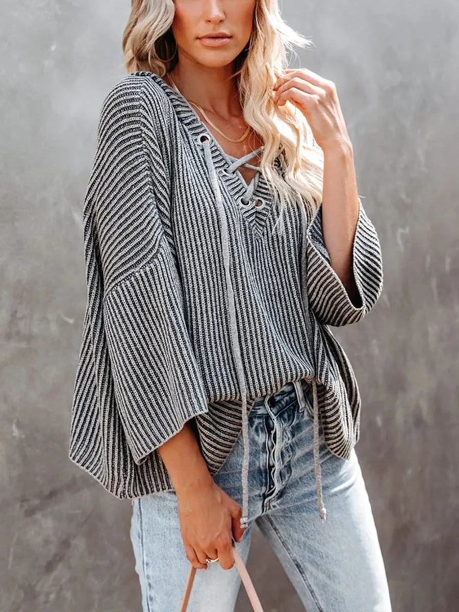 Casual Lace Up Hooded Striped Loose Top