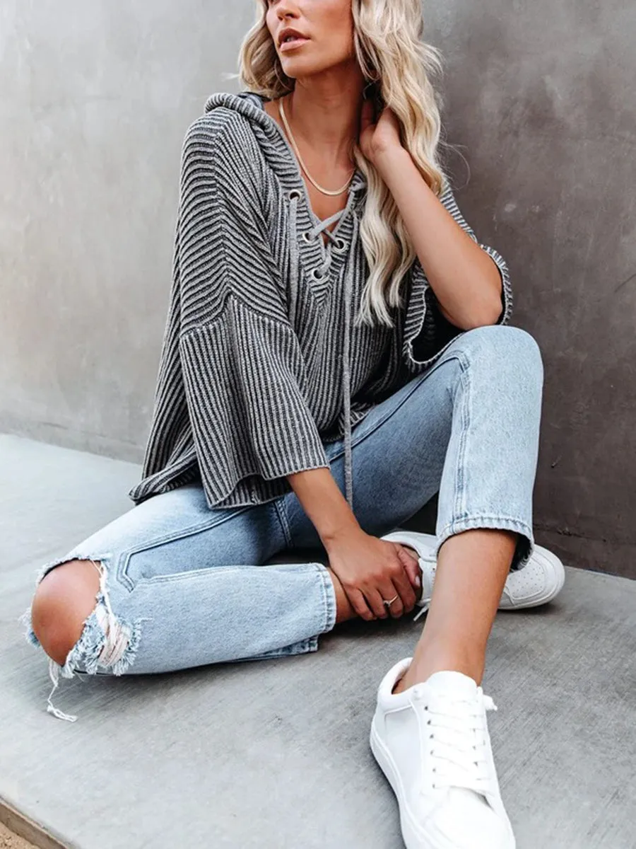 Casual Lace Up Hooded Striped Loose Top