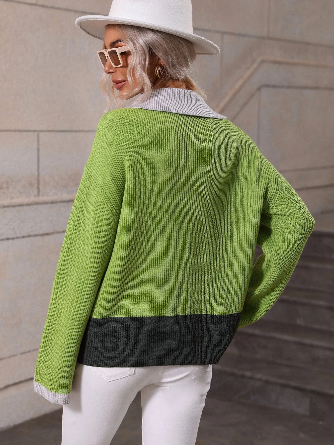 Color Block Half-Zip Dropped Shoulder Knit Pullover