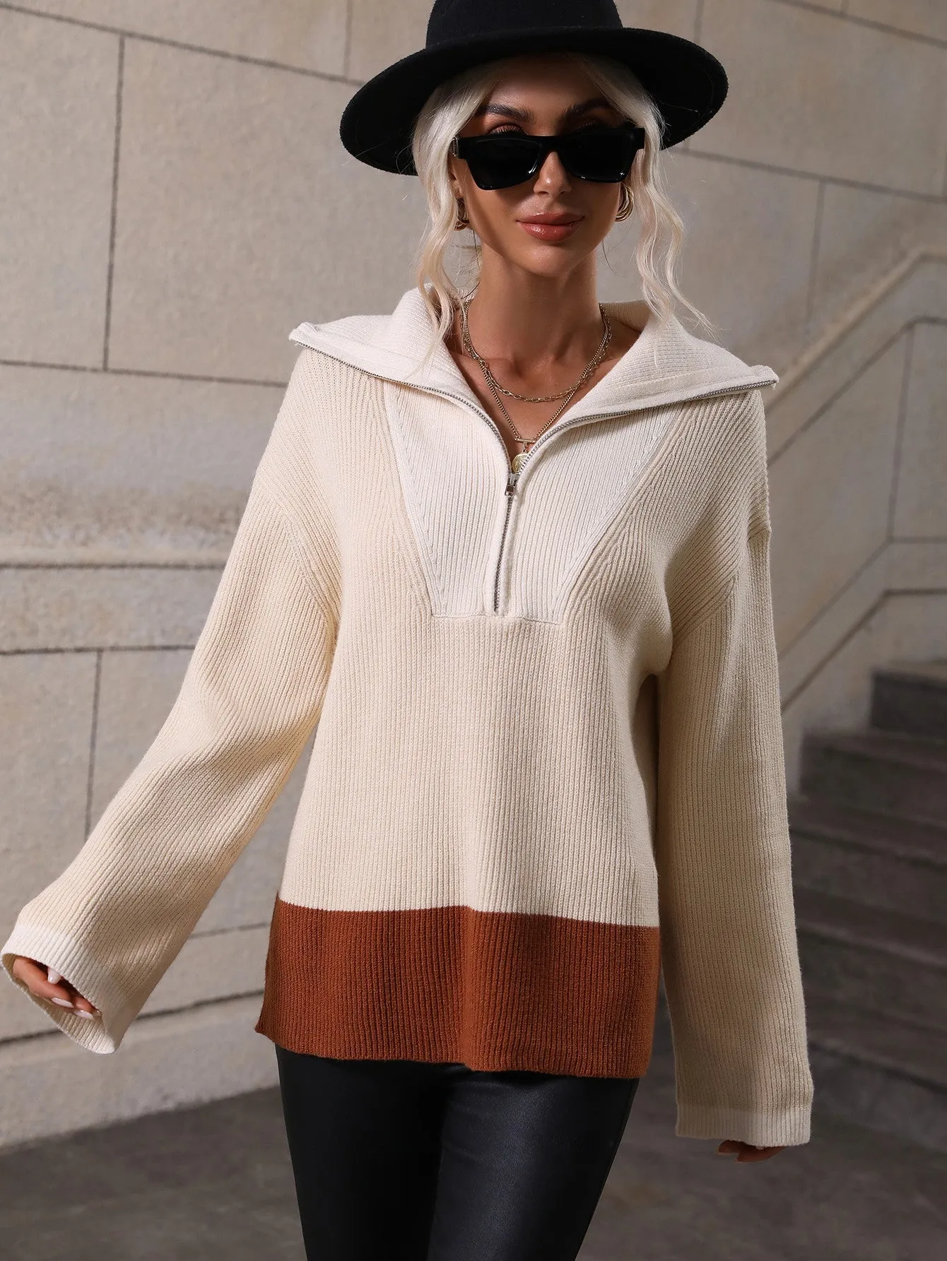 Color Block Half-Zip Dropped Shoulder Knit Pullover