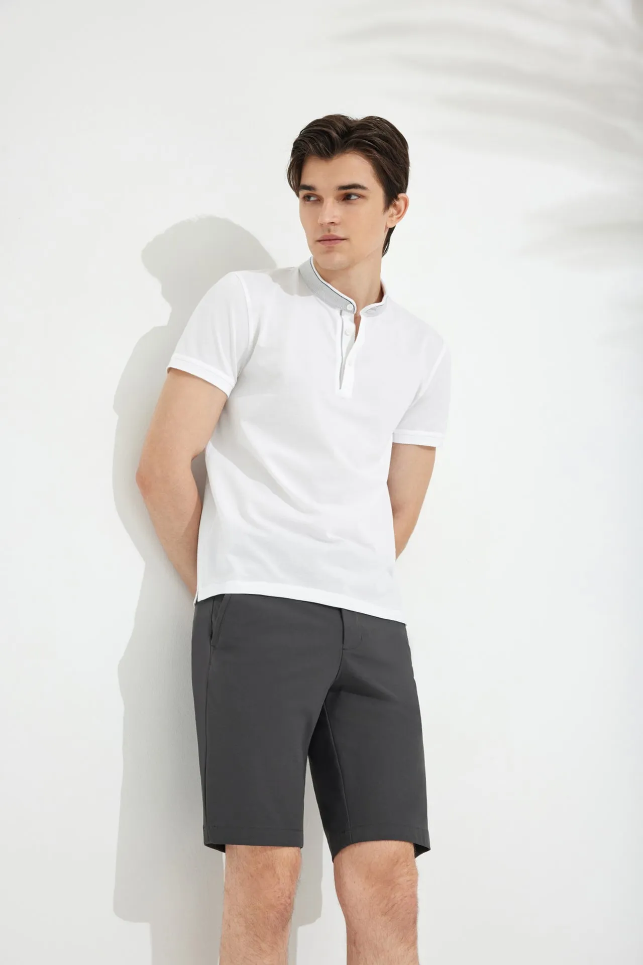 Contrast Seam Stand Collar Mercerized Cotton Pique Polo