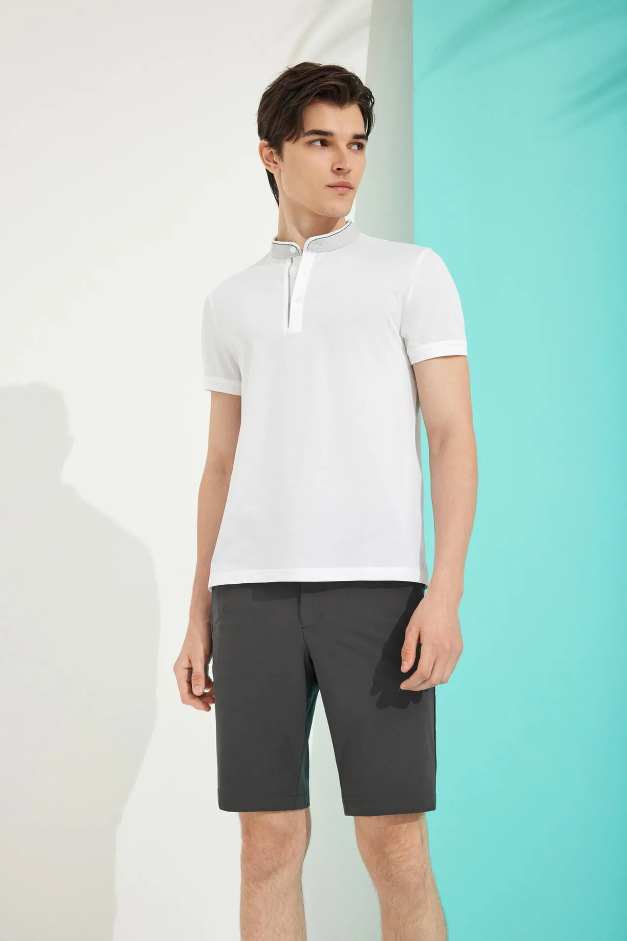 Contrast Seam Stand Collar Mercerized Cotton Pique Polo