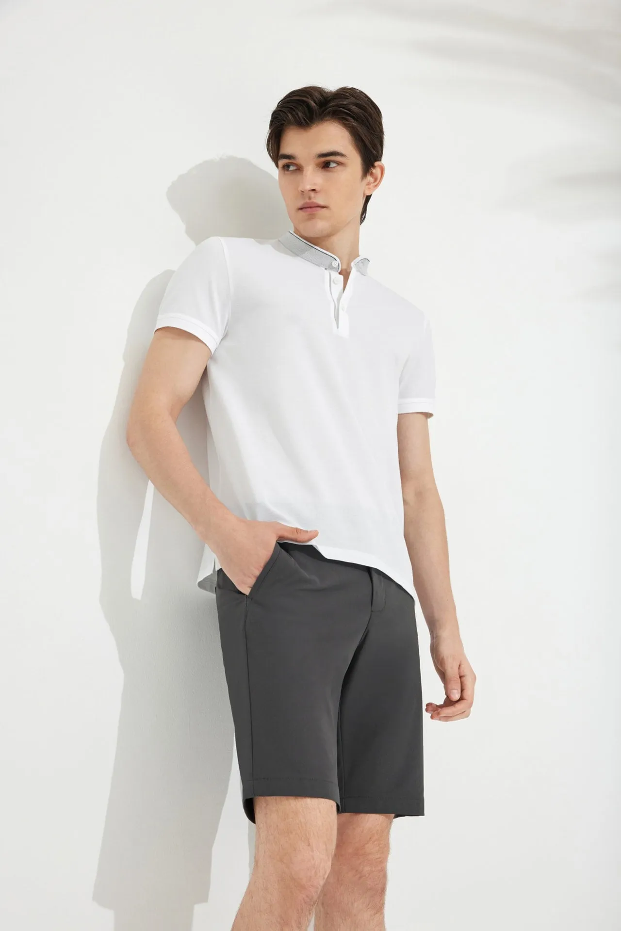 Contrast Seam Stand Collar Mercerized Cotton Pique Polo