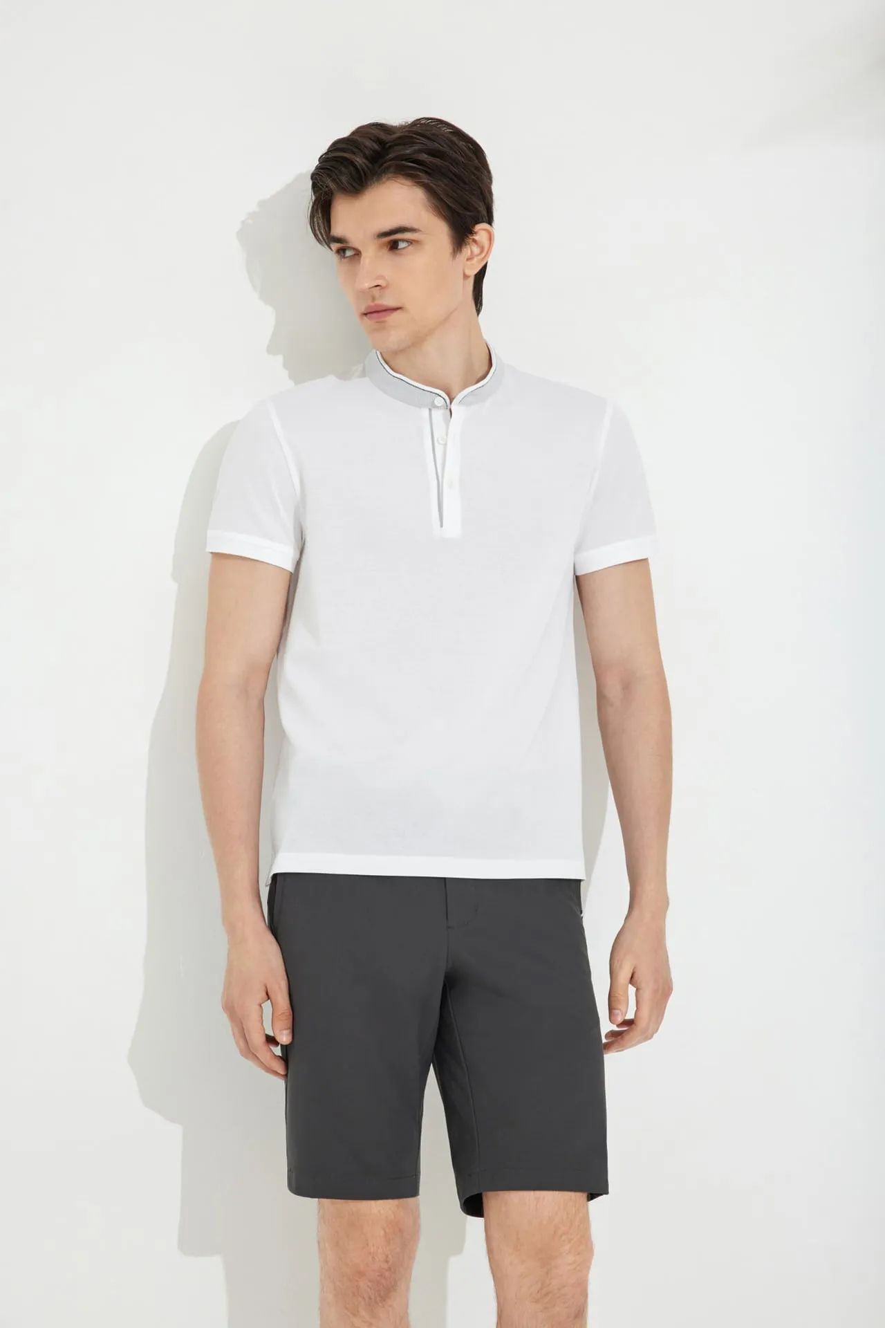 Contrast Seam Stand Collar Mercerized Cotton Pique Polo