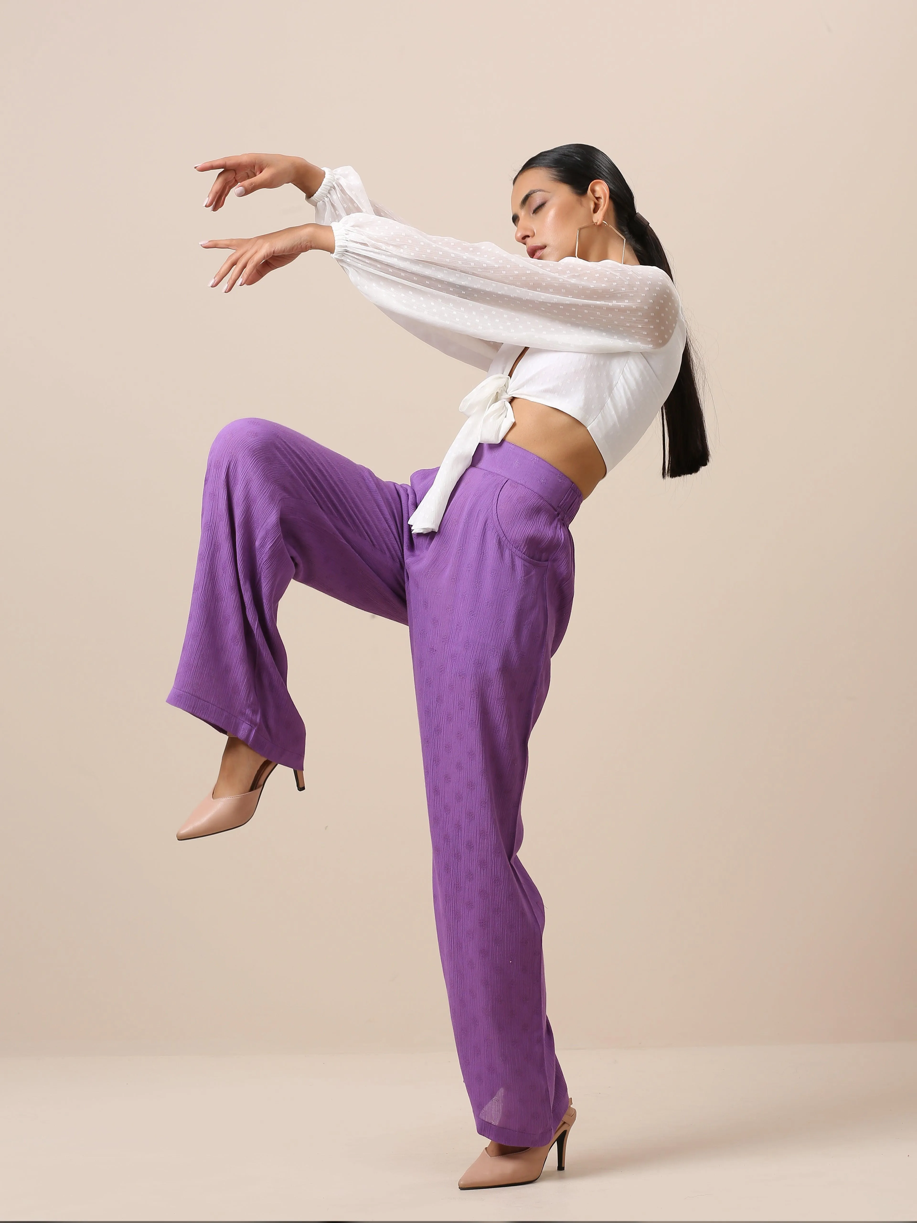 Cotton Purple Weave High Waist Pant