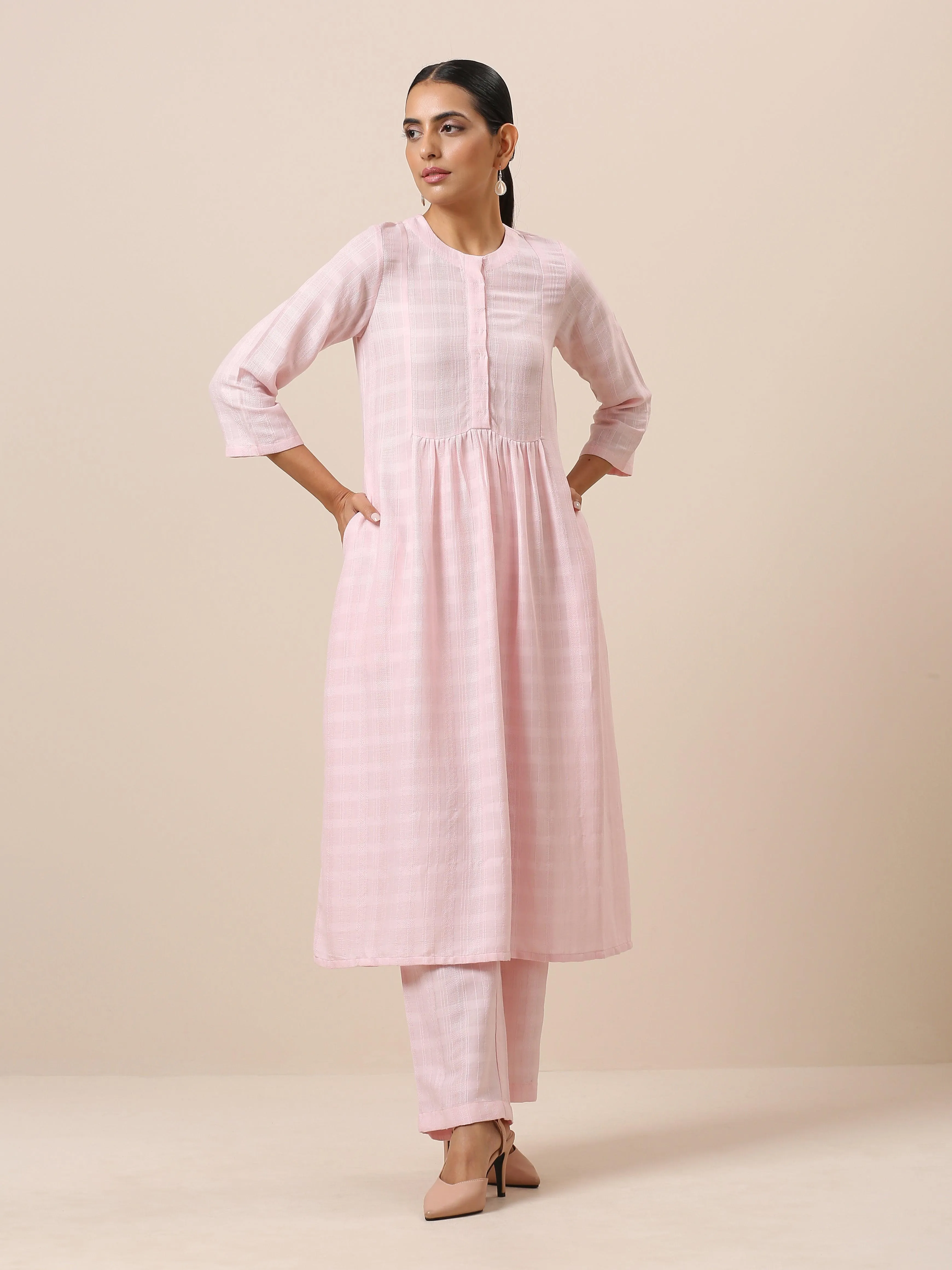 Cotton Rose Pink Flared Kurta Pant Set