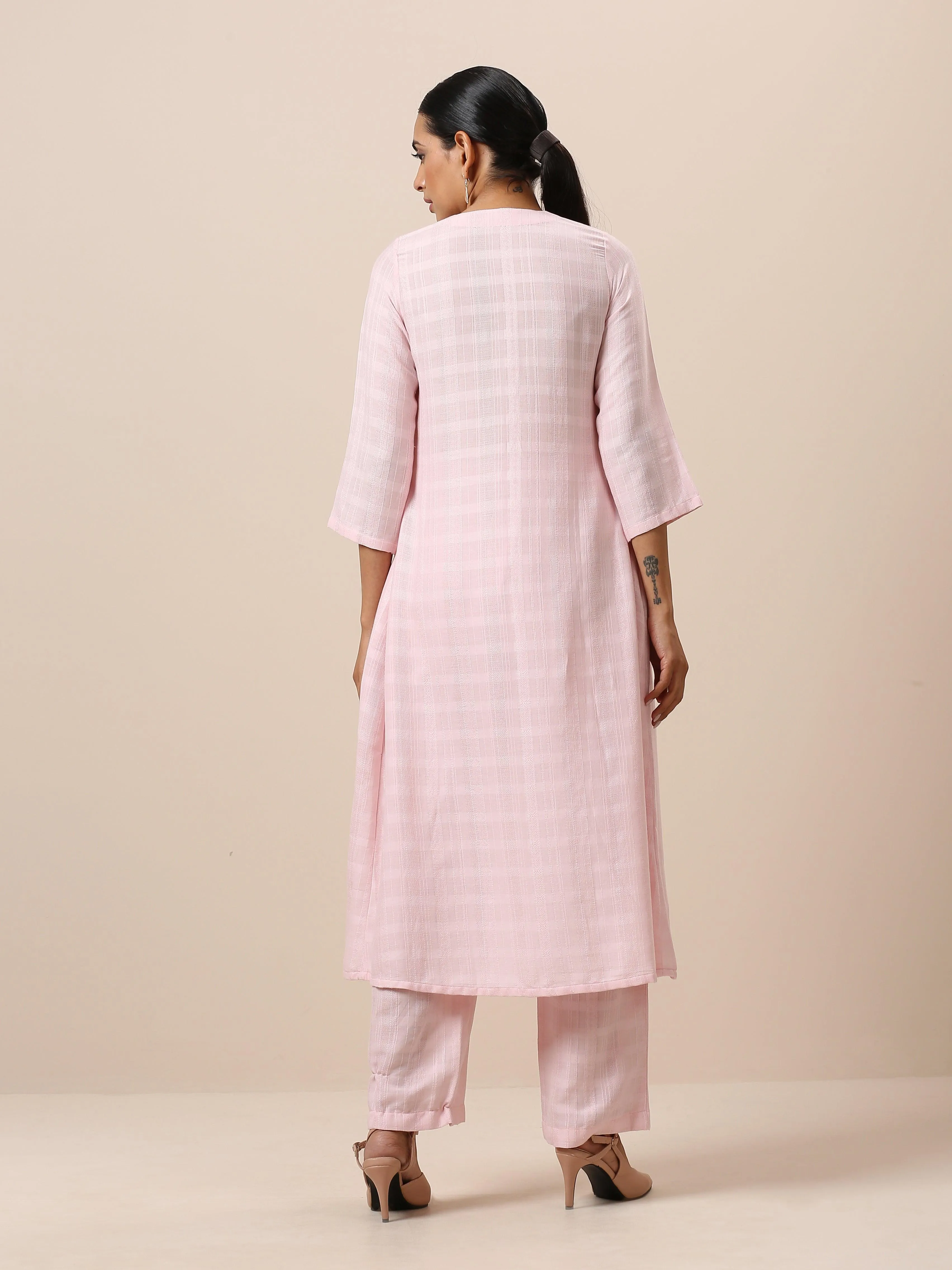 Cotton Rose Pink Flared Kurta Pant Set