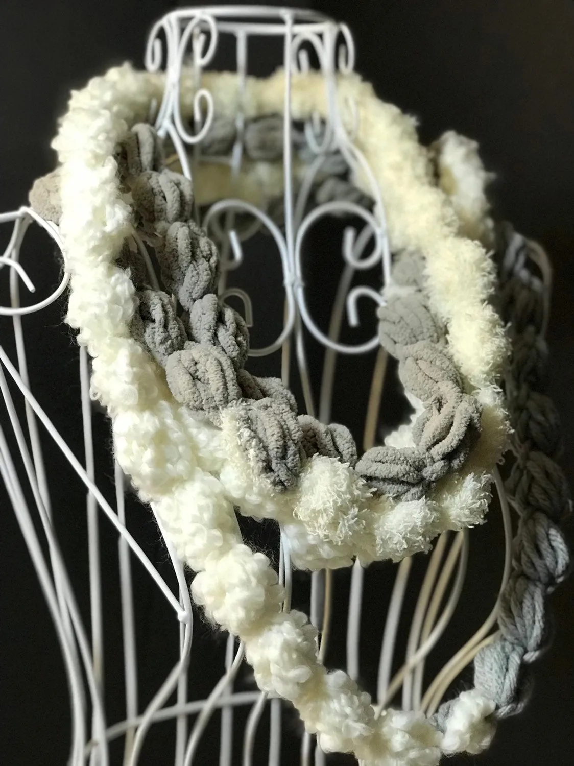 Crochet Scarf for Women , Chunky Scarf in White and Grey Colors