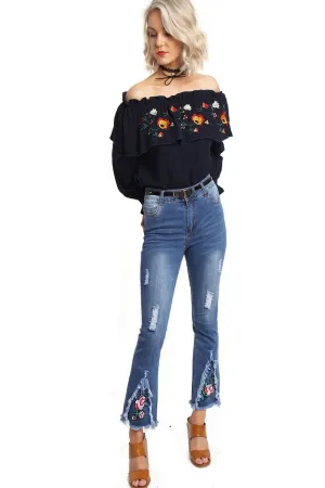 Cropped Flare Floral Embroidered Frayed Hem Stretch Jeans