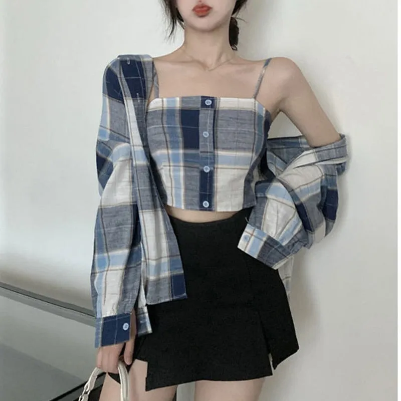 deanwangkt Spring Simplicity Plaid Turn-down Collar Long Sleeve Blouse Women Clothes Casual Buttons Slim Sling T-Shirt Two-piece Dress Tops