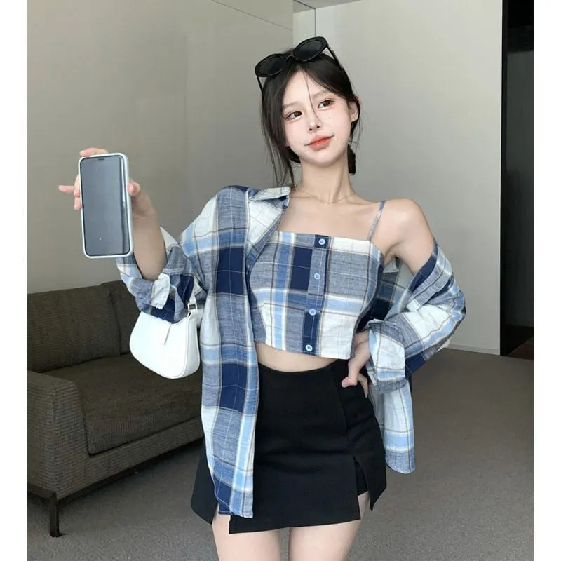 deanwangkt Spring Simplicity Plaid Turn-down Collar Long Sleeve Blouse Women Clothes Casual Buttons Slim Sling T-Shirt Two-piece Dress Tops