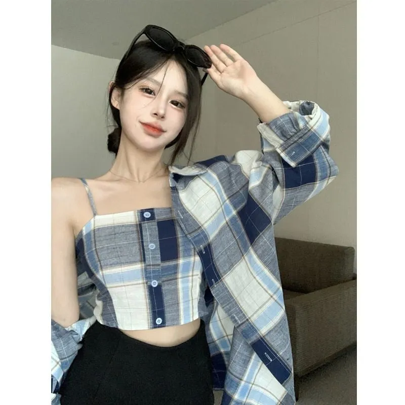 deanwangkt Spring Simplicity Plaid Turn-down Collar Long Sleeve Blouse Women Clothes Casual Buttons Slim Sling T-Shirt Two-piece Dress Tops