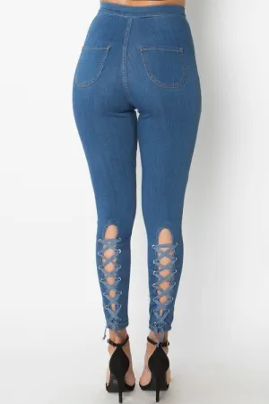 Denim lace up back high waist skinny jeans