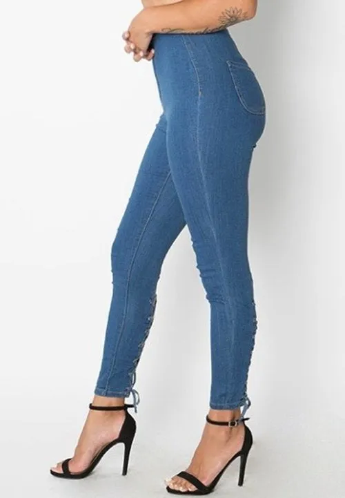 Denim lace up back high waist skinny jeans