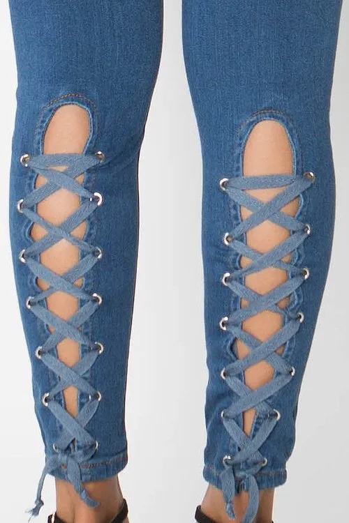 Denim lace up back high waist skinny jeans