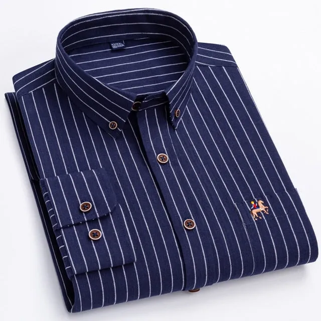 Fashion Men's Long Sleeve Casual 100% Cotton Striped Oxford Shirt with Embroidered Chest Pocket Standard-fit Button-down Shirts