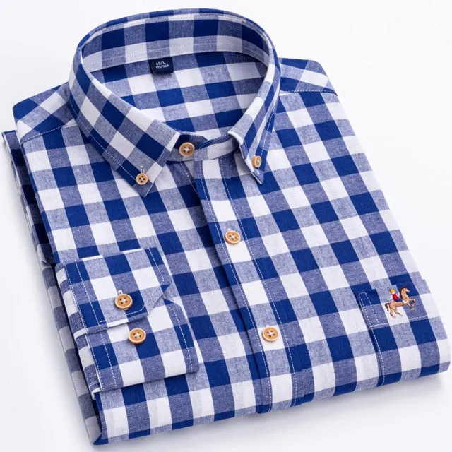 Fashion Men's Long Sleeve Casual 100% Cotton Striped Oxford Shirt with Embroidered Chest Pocket Standard-fit Button-down Shirts