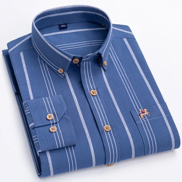 Fashion Men's Long Sleeve Casual 100% Cotton Striped Oxford Shirt with Embroidered Chest Pocket Standard-fit Button-down Shirts