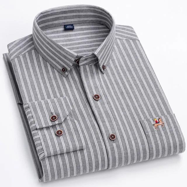 Fashion Men's Long Sleeve Casual 100% Cotton Striped Oxford Shirt with Embroidered Chest Pocket Standard-fit Button-down Shirts