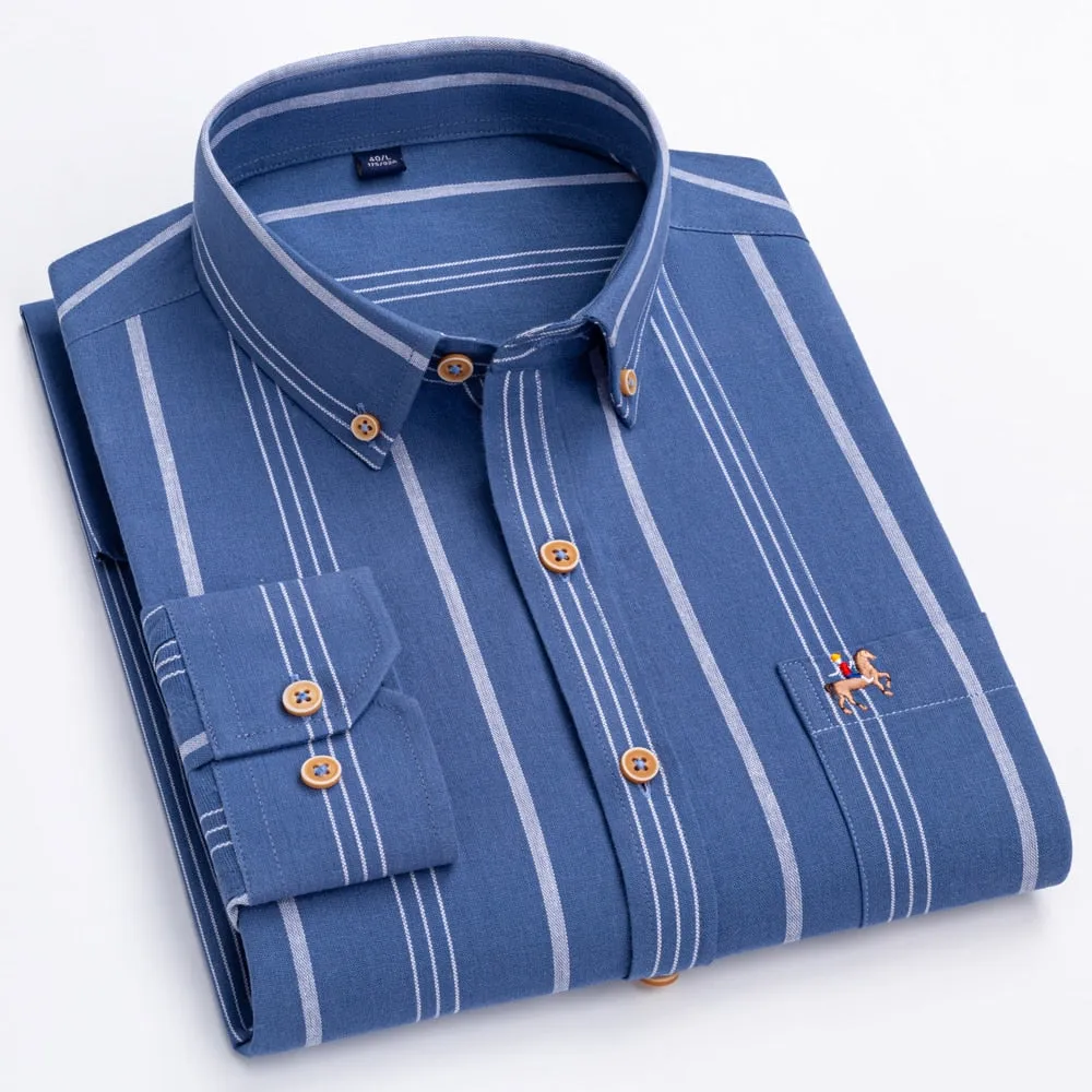 Fashion Men's Long Sleeve Casual 100% Cotton Striped Oxford Shirt with Embroidered Chest Pocket Standard-fit Button-down Shirts