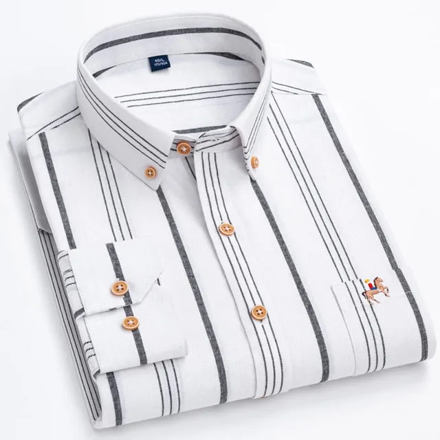 Fashion Men's Long Sleeve Casual 100% Cotton Striped Oxford Shirt with Embroidered Chest Pocket Standard-fit Button-down Shirts