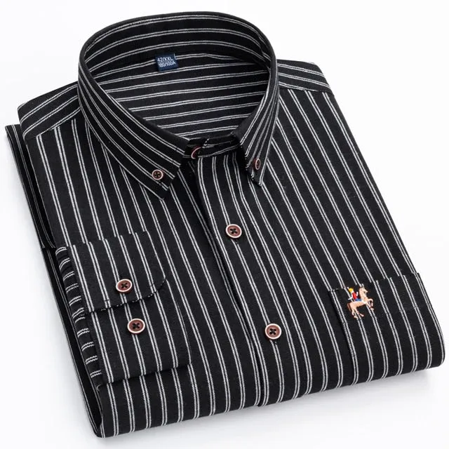 Fashion Men's Long Sleeve Casual 100% Cotton Striped Oxford Shirt with Embroidered Chest Pocket Standard-fit Button-down Shirts