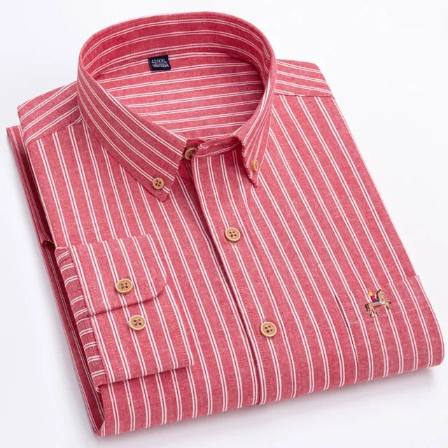 Fashion Men's Long Sleeve Casual 100% Cotton Striped Oxford Shirt with Embroidered Chest Pocket Standard-fit Button-down Shirts