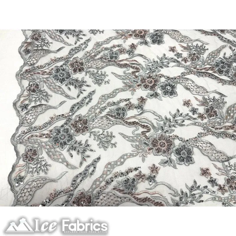 Floral Embroidery Beaded Fabric with Sequin on Mesh