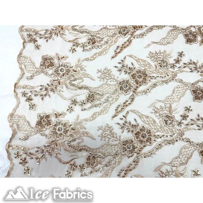 Floral Embroidery Beaded Fabric with Sequin on Mesh