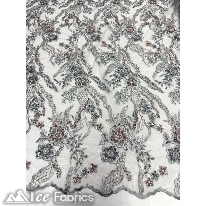 Floral Embroidery Beaded Fabric with Sequin on Mesh