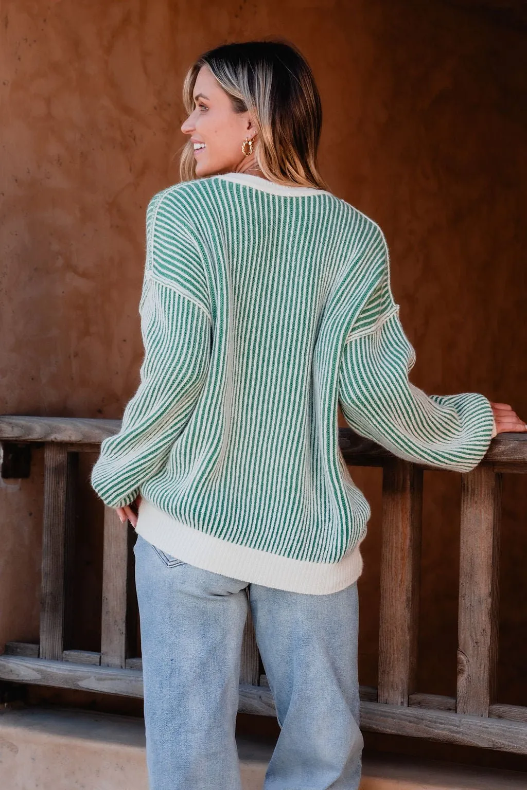 Green Striped Seam Detail Sweater