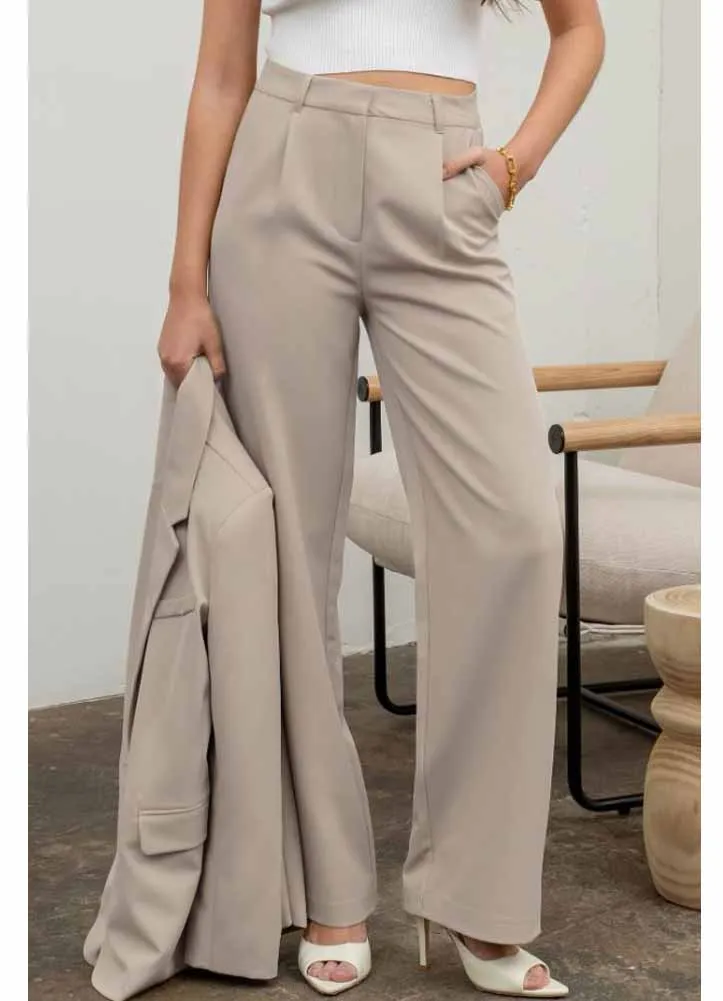 High Waisted Wide Leg Pants in Oatmeal by Blu Pepper