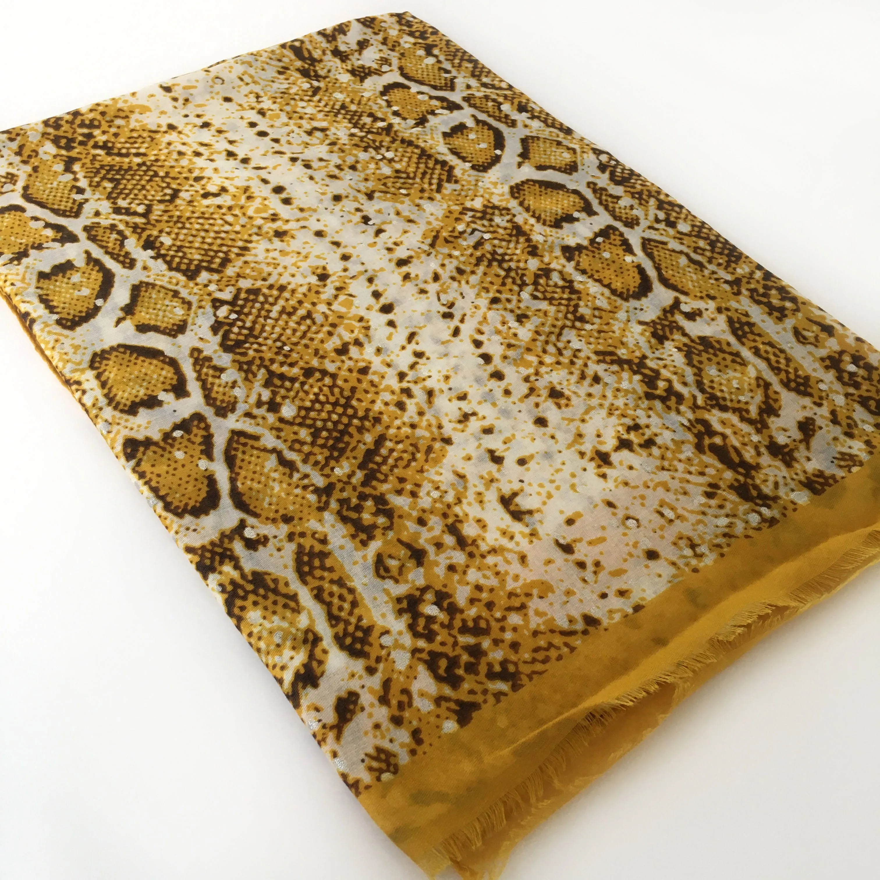 LARGE MUSTARD YELLOW SNAKESKIN PRINT SHAWL SCARF WITH METALLIC DETAILING