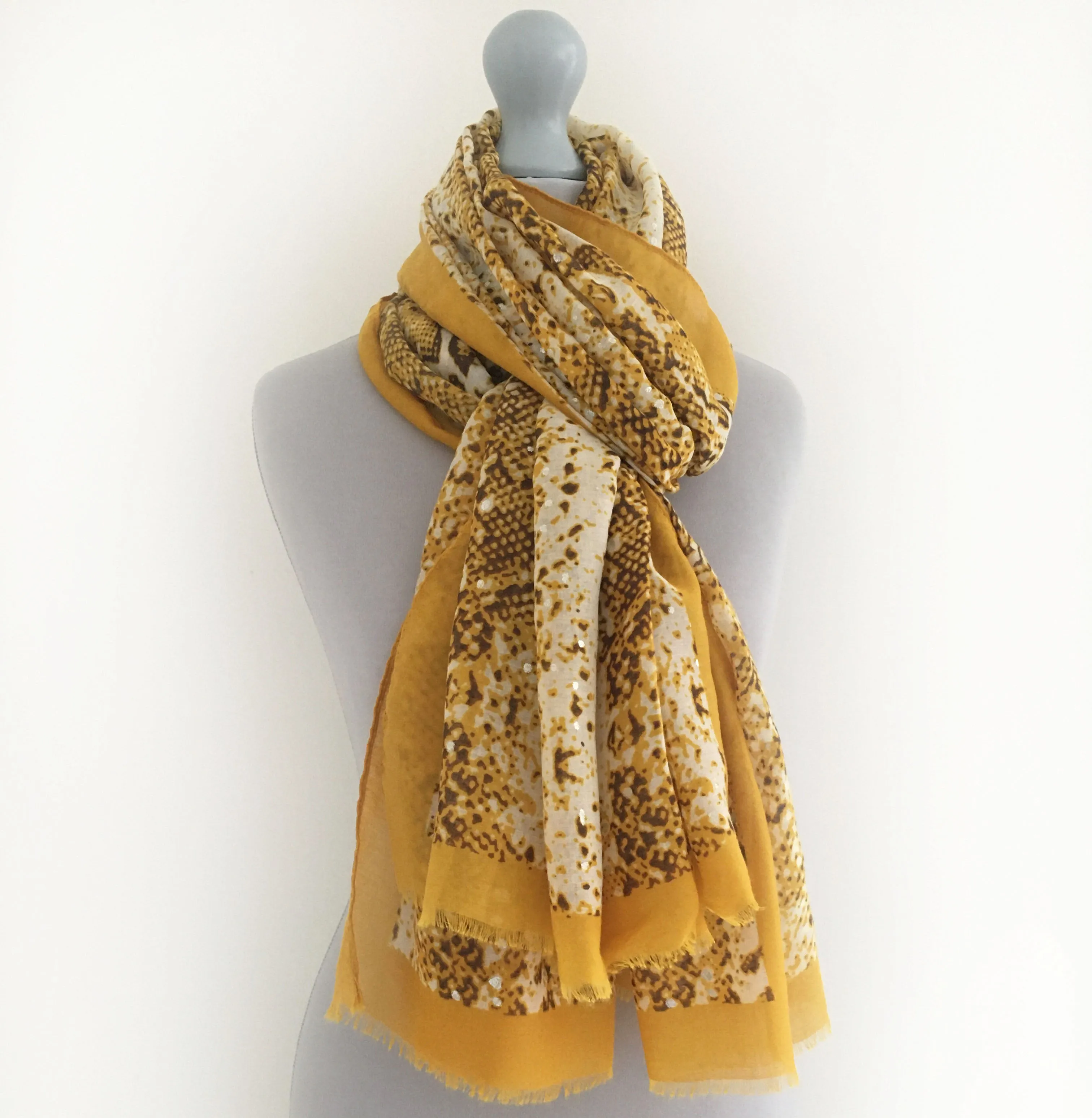 LARGE MUSTARD YELLOW SNAKESKIN PRINT SHAWL SCARF WITH METALLIC DETAILING