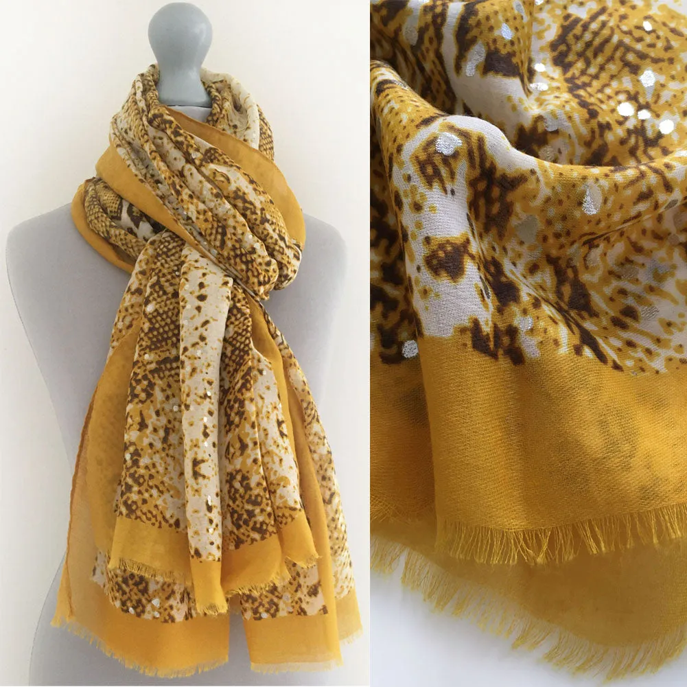 LARGE MUSTARD YELLOW SNAKESKIN PRINT SHAWL SCARF WITH METALLIC DETAILING