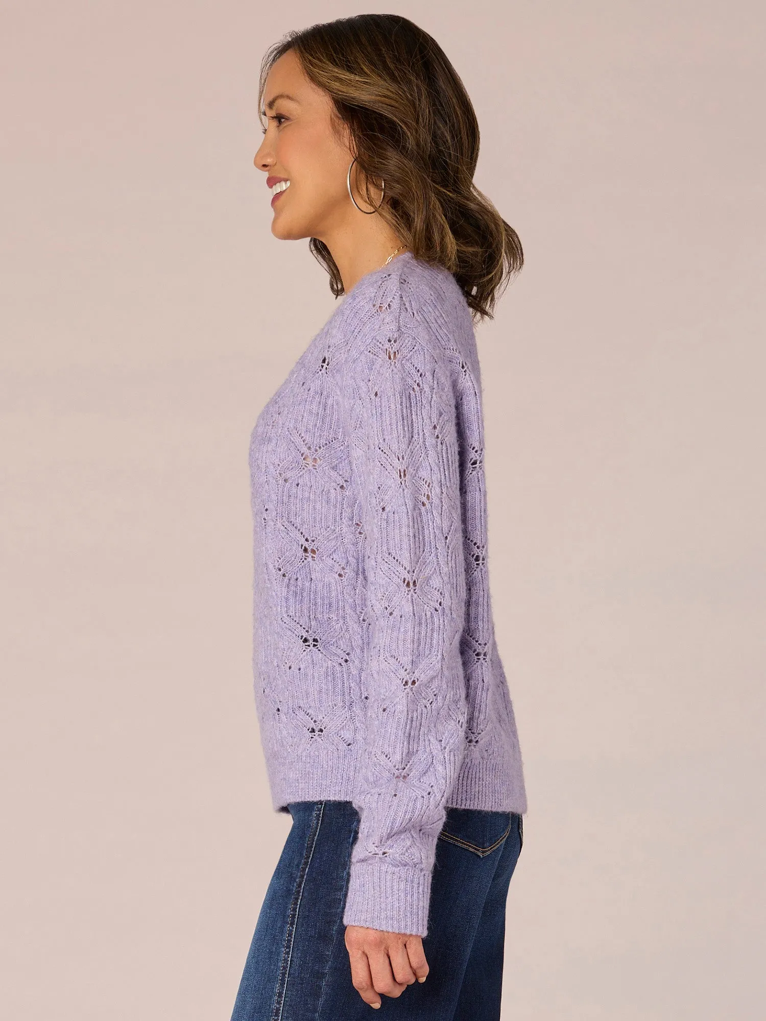 Long Cuffed Sleeve V-Neck Pointelle Stitch Scallop Edge Sweater