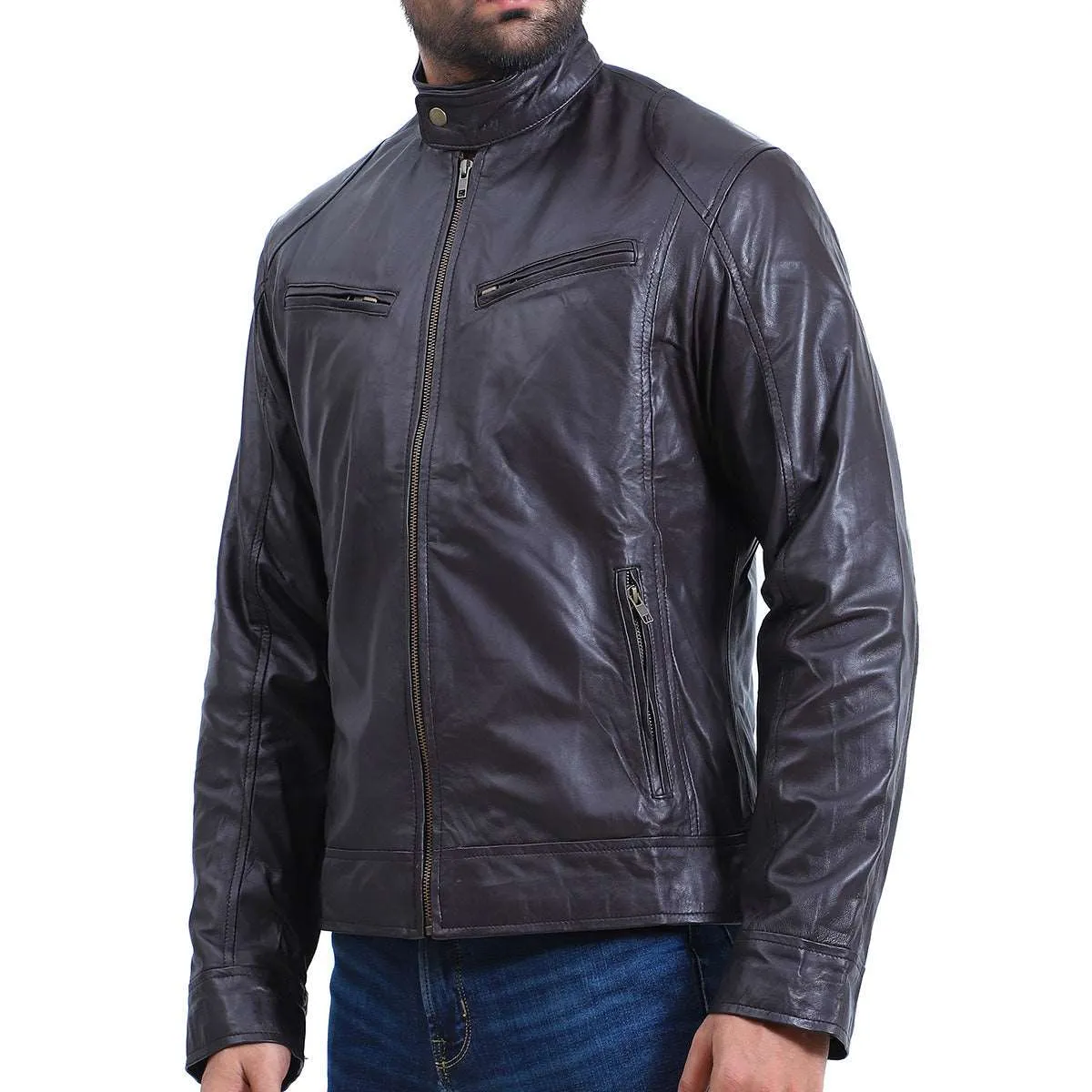 Men's Cafe Racer Black Sheepskin Leather Jacket