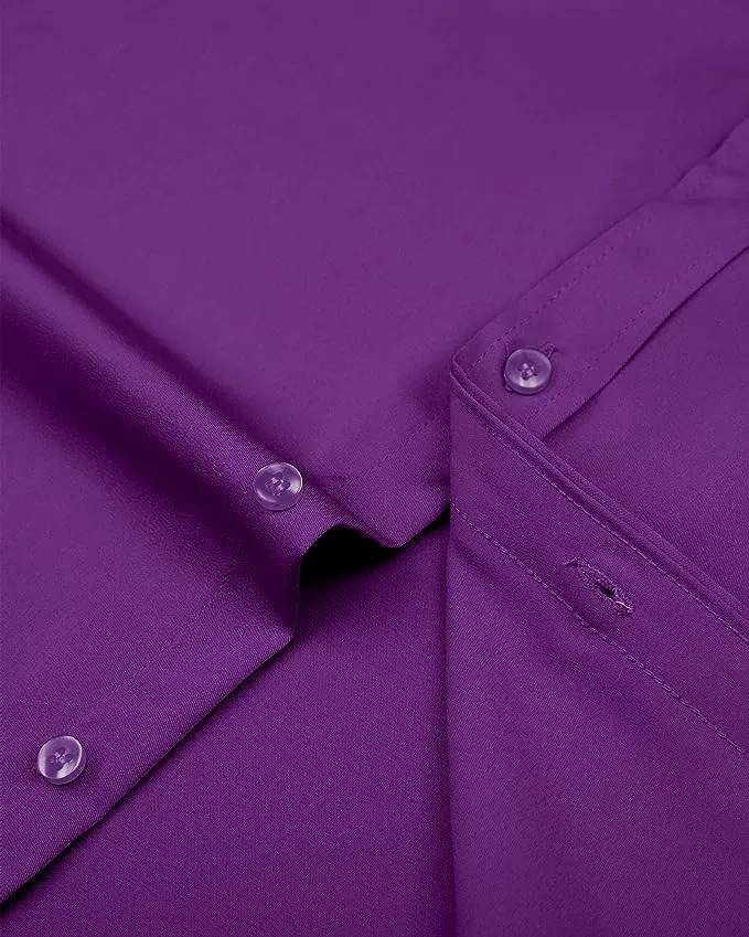 Men's Dress Shirts Wrinkle-Free Long Sleeve Stretch Solid Formal Business Button Down Shirt with Pocket - Dark Purple